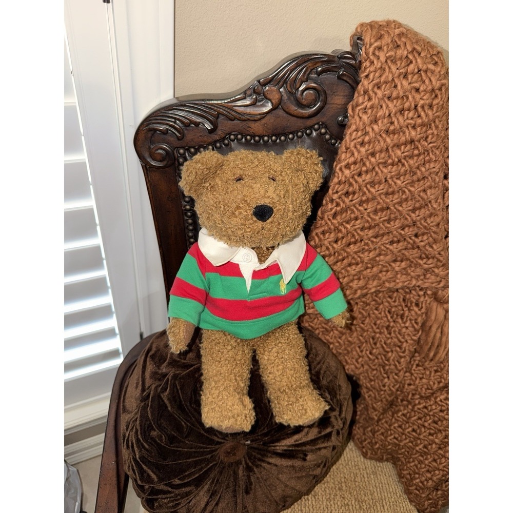 Ralph Lauren Stuffed Teddy‎ Bears Plush 14" Red Green Striped Polo 2005 Brown